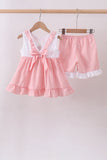 Pink cross jacquard embroidery shorts set