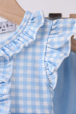 Blue cross bow embroidery ruffle gingham bloomer set