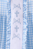 Blue cross bow embroidery ruffle gingham shorts set
