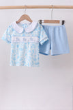 Blue bunny smocked peter pan collar shorts set