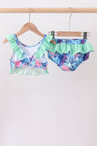Blue marine creature print ruffle 2pc swimsuit