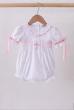 White cross smocked ruffle bubble