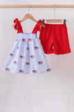 Blue flag embroidery seersucker ruffle shorts set