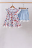 Blue floral lace smocked shorts set
