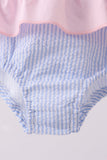 Blue stripe seersucker crab embroidery swimsuit
