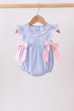 Blue Stripe Bow Seersucker Ruffle Bubble