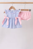 Blue Stripe Bow Seersucker Bloomer Set