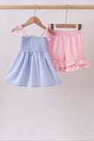 Blue Stripe Bow Smocked Seersucker Ruffle Shorts Set
