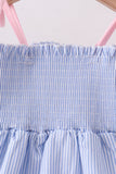 Blue Stripe Bow Smocked Seersucker Ruffle Shorts Set