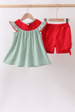 Green Watermelon Stripe Smocked Embroidered Seersucker Set