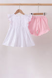 White Bow Smocked Jacquard Ruffle Shorts Set