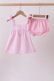 Pink stripe seersucker strawberry smocked bloomer set