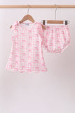 Pink bow print scalloped bloomer set