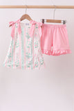 Pink floral print bow ruffle shorts set