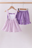 Purple floral embroidery gingham ruffle shorts set