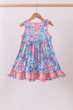Pink tropical floral print ruffle dress
