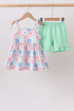 Green Bow Checkered Ruffle Shorts Set