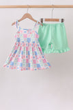 Green Bow Checkered Ruffle Shorts Set