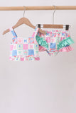 Green Bow Checkered Ruffle 2pc Swimsuit