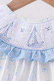 Blue Sailboat Smocked Ruffle Bubble