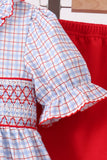 Blue Apple Embroidered Plaid Ruffle Shorts Set