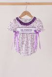 Purple floral blessed smocked ruffle bubble