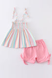 Pink stripe smocked strap girl set