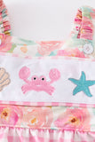 Pink floral print crab embroidery girl 2pc swimsuit