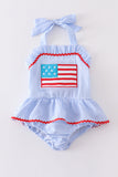 Seersucker patriotic flag applique one-piece girl swimsuit