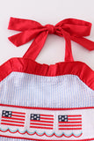 Patriotic flag embroidery smocked seersucker one-piece girl swimsuit