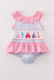 Seersucker castle embroidery girl swimsuit