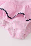 Pink seersucker mermaid embroidery girl swimsuit