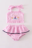 Pink seersucker mermaid embroidery 2pc girl swimsuit