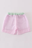 Pink seersucker shark embroidery boy swim trunks