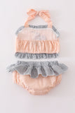Beige seersucker lobster embroidery 2pc girl swimsuit