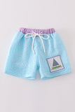 Green seersucker sailboat embroidery boy swim trunks