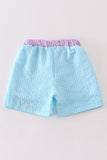 Green seersucker sailboat embroidery boy swim trunks