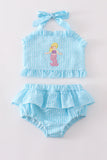Green seersucker mermaid applique 2pc swimsuit