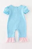 Blue puppy applique girl romper