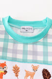 Teal floral print forest animal embroidery boy romper