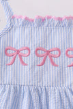 Blue Bow Embroidered Stripe Ruffle Dress