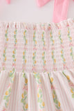 Pink lemon print bow smocked tiered mom&me dress