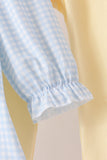 Blue character embroidery gingham ruffle pants set