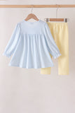 Blue character embroidery gingham ruffle pants set