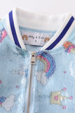Blue unicorn sequin bomber jacket
