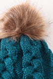 Teal pompom cable beanie hat