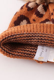 Brown pompom leopard cable beanie hat