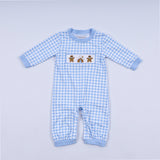 Blue gingerbread hand smocked gingham romper