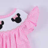 Pink character hand smocked dot ruffle bubble