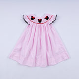 Red character hand smocked plaid ruffle dress